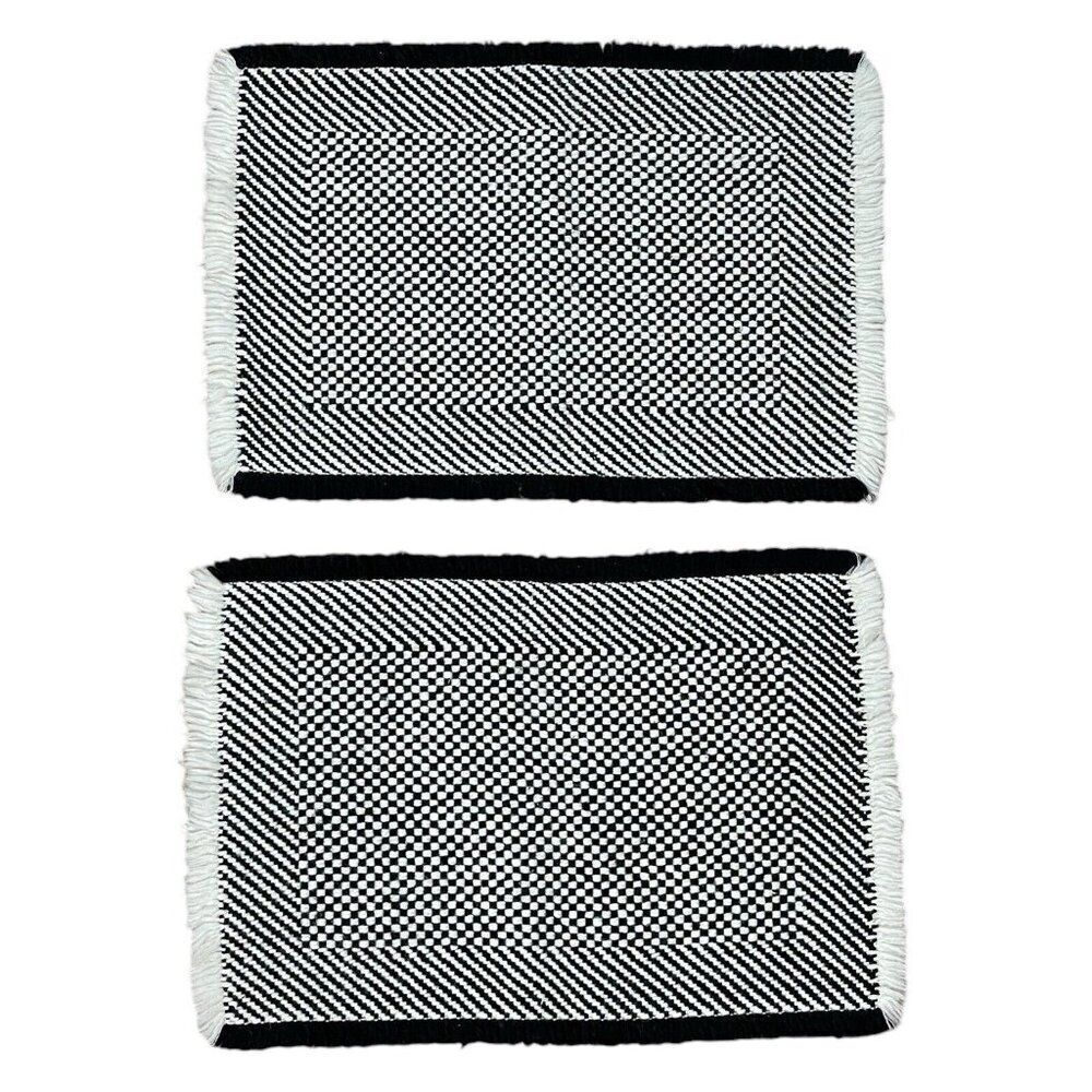 Vintage 1980s Woven Black & White Fringe Placemats Set 2 Checked 17 x 11 Unique